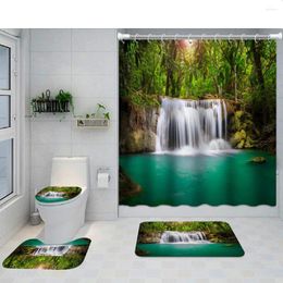 Shower Curtains Forest Waterfall Curtain Set Non-Slip Rugs Toilet Cover Bath Mat Nature Rainforest Green Tree Scape Bathroom
