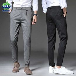 Men's Pants OUSSYU Brand New Classic Men Business Pants Stripe Dress Fit Thin Trousers Office Casual Black Grey Formal Pants Men Suit Pant Y240514