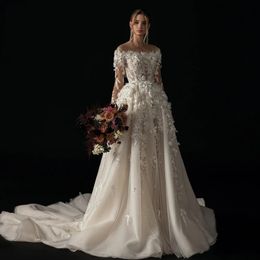 A-Line Elegant Wedding Dresses 2024 Boat Neck Long Sleeve Vestido De Novia Lace Appliques 3D Flowers Romantic Bride Gowns Robe De Mariee