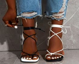 Lace Up Heel New Fashion Sexy Women Sandals Square Toe Thin Cross Tied Party Shoes High Heel 9CM Black White Size 3542 20215611197