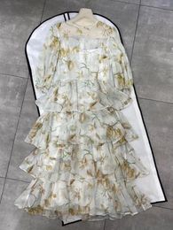 Casual Dresses 2024 Spring Summer Printed Silk Round Neck Lantern Sleeve With Lined Fluffy Skirt Women Midi Dress Female Elegant