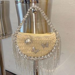 Drawstring Bohemian Pearl Straw Bag Conch Women Handbags Half Moon Beach Tassel Diamond Shoulder Rattan Crossbody Bags Ladies Purse