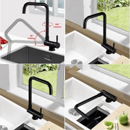 Kitchen Faucets 304 Stainless Steel Matte Black Open The Window Inward Sink Folding Faucet 360 ° Rotation And Cold Water Mixer Tap