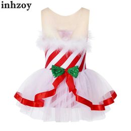 Dancewear Kids Girls Christmas Dance Candy Cane Costume Sleeveless Stripe Skating Ballet Tutu Leotard Dress Party Performance DancewearL2405