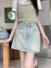 Skirts Benuynffy Women's Denim Skirt 2024 Summer Heavy Industry Diamond Mini Female Korean Casual High Waist A Line