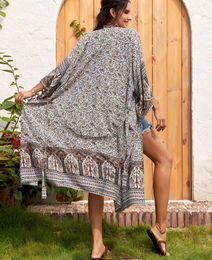Casual Cotton Rayon Floral Print Kimono Sleeve Cover-Ups Women Robe Loose Oversize Dress Summer Boho Beach Wear Vestidos
