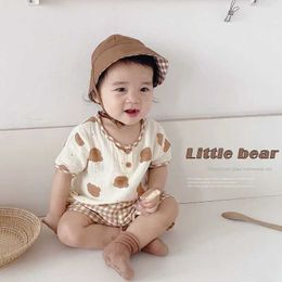 Clothing Sets Kid Summer New Casual Set Cute Bear T-shirt Baby Girl Cherry Short Sleeves Tops And Simple Plaid Loose Cotton Shorts Boy Suit