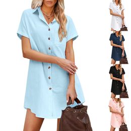 Casual Chic European and American Style Mid-length Button-up Linen Shirt Dress with Short Sleeves for Summer Beach Cover-up AST67172