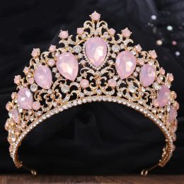 Baroque 8 Colors Green Pink Opal Crystal Big Tiara Crown For Women Girls Wedding Party Bridal Elegant Hair Dress Jewelry