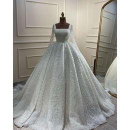Atemberaubende Kristallkugelkleid Kleid für Braut Quadrat Langarmes Brautkleider Sweep Zug Rüle Designer Brautkleider 0515 0516