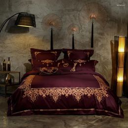 Bedding Sets Dark Red Luxury Royal Embroidery 100S Egyptian Cotton Court Style Set Duvet Cover Bed Linen Sheet Pillowcases 4/6pcs