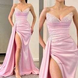 Fashion Light Pink Prom Dresses Sequins Sweetheart Evening Gowns Waist Decor Pleats Slit Formal Red Carpet Long Special Ocn Party Dress 0515