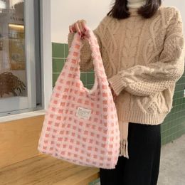 Shoulder Bags Fashion Women Plush Girls Eco Handbag Student Books Tote Ladies Large Shopping Bag Plaid Shopper Purses