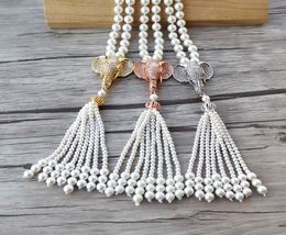 Elephant head charm Pendant CZ zircon Micro pave ConnectorNatural Shell Pearl Beads Chain tassels Women Jewelry Necklace NK5366485151
