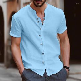 Men's Casual Shirts Short Sleeve Cotton Linen White Blue Black Tops Summer Retro Man Solid Button Up Stand Collar Shirt
