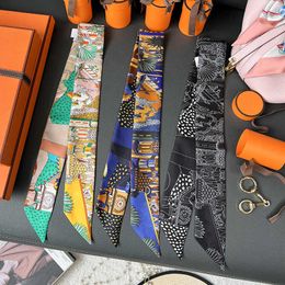 Designer Silk Scarf For Women Summer Scarves Animal City Scarf Small Long Binding Handle Mulberry Silk Decorative Bag Ribbon Headband