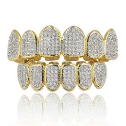 Grills Men Women Vampire Grills Hip Hop Iced Out CZ Mouth Teeth Grillz Caps Top Bottom Grill Set 18K Gold Plated Rock Punk Rapper Accesso