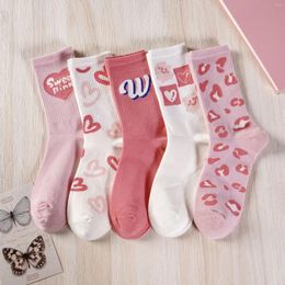 Women Socks 5 Pairs 1 Lot Set Cotton Autumn Spring Winter Cute Kawaii Sweat Style Harajuku Pink White Love Print Pack