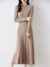 Casual Dresses Women Knitted Dress Wool Sweater Autumn Winter Slim Knit Maxi Long Lady Pullover Solid Jumpers