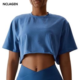NCLAGEN Casual Tshirt Cotton Women Short Sleeve Dance Sports Running Clothes Yoga Fitness Crop Top Loose Gym Workout Shirts 240511
