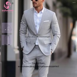 Men's Suits Summer Linen Light Grey For Men Slim Fit 2 Piece Pants Set Party Groom Wedding Notch Lapel Tuxedo Traje De Hombre Elegante