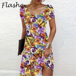 Vintage Printed Mini Dress Women Casual O Neck Short Sleeve Loose Beach Party Dresses For Elegant 240514