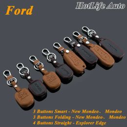 Key Genuine Leather Car Key Case Cover Keychain Fits for Ford Mondeo New Mondeo Explorer Edge Smart/Folding Remote Car Key Rings