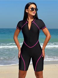 Peachtan Full Body Swimwear Women Swimming Korean Style Black Short Sleeve Swimsuit Sporty Surf Suit 240513