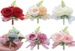 Flower Wrist Corsage Boutonniere Handmade Wristband Red Pink Artificial Peony Rose Corsages Wedding Bridesmaid Party Suit Decor3101529