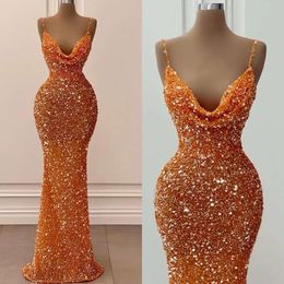 Sexy Orange Mermaid Evening Dresses Sequins Straps Party Prom Sweep Train Pleats Long Dress For Special Ocn 0515