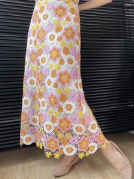 Skirts Crochet Floral Midi Skirt Pink And Orange Flower High Waist Long 2024 Spring/Summer In Quaity Women Clothes