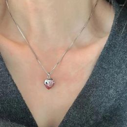 Pendants Real 925 Sterling Silver Strawberry Heart Pendant Necklace Women Neck Chain Cute Pink Crystal Necklaces Fine Jewelry For Woman