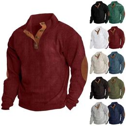 Men's Casual Shirts 2024 Spring Corduroy Solid Color Half Open Long Sleeved Shirt Pullover Retro Coat