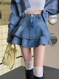 Skirts Kimotimo Ruffled Denim Skirt Women Early Spring High Waist A Line Mini Korean Sweet Spicy Girl Clothes Faldas Ajustadas
