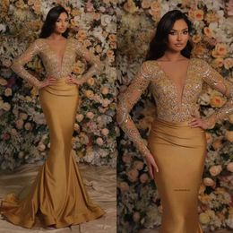 Gold Mermaid Evening Dresses Elegant Plunging V Neck Beaded Long Sleeves Prom Dress Ruffles Formal Dresses For Women 0515