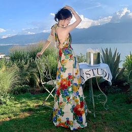 Oil Painting Style Floral Skirt French Temperament Socialite Halter Backless Dress Seaside Vacation Female Beach