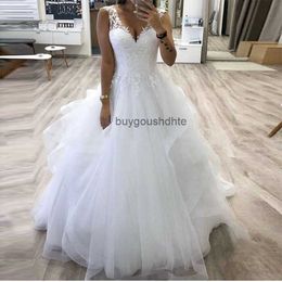 Princess White A Line Wedding Dresses Bridal Gowns Puffy Tiered Tulle Skirt Sleeveless Long Floor Length Bride Dress