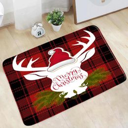 Bath Mats Doormat Merry Christmas Bathroom Mat Antlers Red Xmas Hat Lattice Winter Non-slip Rug Flannel Home Deco Kitchen Doorway Carpet