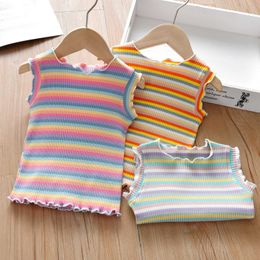 Vest Girls 1-7 Year Old Tank Top 100% Cotton Comfortable Childrens Summer T-shirt Baby Rainbow Stripe Clothing Childrens Leisure SuspensionL240502