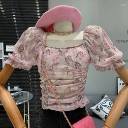 Women's Blouses Temperament Girl Square Neck Design Bubble Sleeve Flower Slim Fit Versatile Short Top For Women Shirt Blusa Mujer Moda 2024