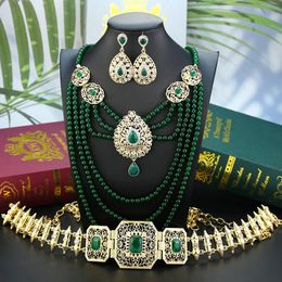 Sunspicems Square Crystal Morocco Belt For Women Bead Chain Necklace Drop Earring Elegent Algeria Bride Jewellery Set Caftan 240511