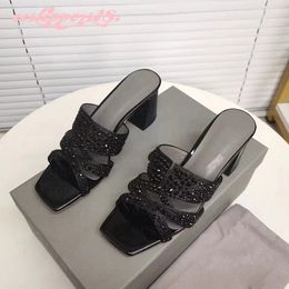 New black Studded Diamond high heel Slippers Plaid Patent Leather Square Open Toe High Heels Hollow cross strap sandals Fashion slippers 6 cm size 36-42