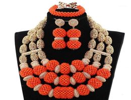 Earrings Necklace Orange Coral Beads Pendant African Wedding Jewellery Set Dubai Gold Nigeria Bride Handmade NCL13288695996510789