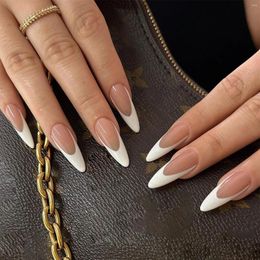 False Nails Wearable Almond Shaped French Simple With White Tip 24pcs Long Stiletto Fake Press On Finished Nail Art