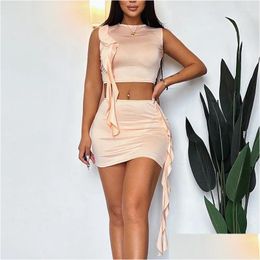 Womens Swimwear Summer Dress For Women 2023 Beach Exit Er Up Two Piece Set Sexy Solid Colour Plover Hollow Out Tank Top Ruffle Drop D Dhza6