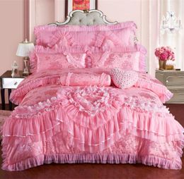 Pink Lace Princess Wedding Luxury Bedding Set King Queen Size Silk Cotton Stain Bed set Duvet Cover Bedspread Pillowcase T2003269987211