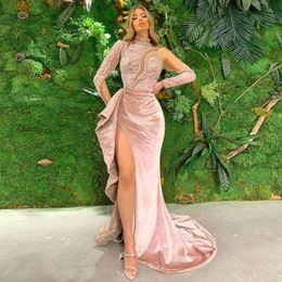 2021 Velvet Prom Dress Mermaid High Neck Long Sleeves Beads Lace Side Split Formal Evening Party Wear Custom Size 2866