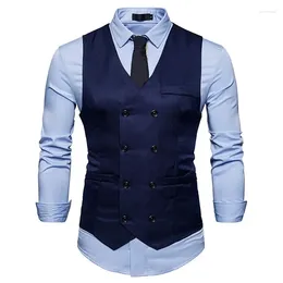 Men's Vests Fashion Mens Double Breasted Blazer Casual Vest Sleeveless Suit Male Plus Size Waistcoat Men Navy Blue Top For Slim Fit