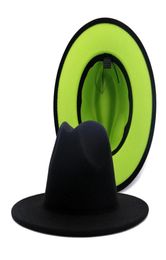 Black with Lime Green Bottom Patchwork Jazz Fedora Hats with Black Felt Band Womens Man Wide Brim Wool Felt Panama Hat1756275