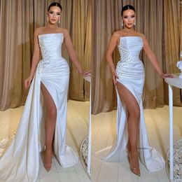 Elegant White Evening Gown Beads Side Strapless Party Prom Dresses Slit Formal Long Dress For Special Ocn 0515